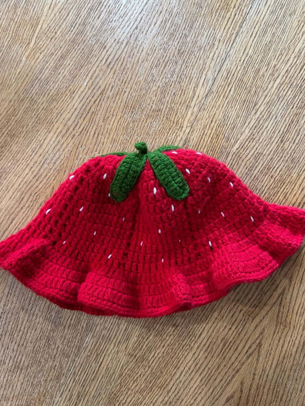 Girls' Red Crochet Strawberry Sun Hat with Green Leaf Accent